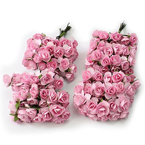 Product Cover 144pc Beautiful Artificial Paper Rose Flower Wedding Card Embellishment - Pink