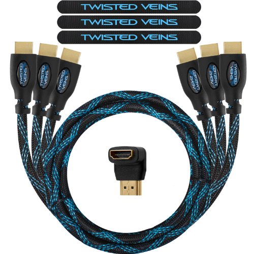 Product Cover Twisted Veins Three (3) Pack of (1.5 ft) High Speed HDMI Cables + Right Angle Adapter and Velcro Cable Ties (Latest Version Supports Ethernet, 3D, and Audio Return)