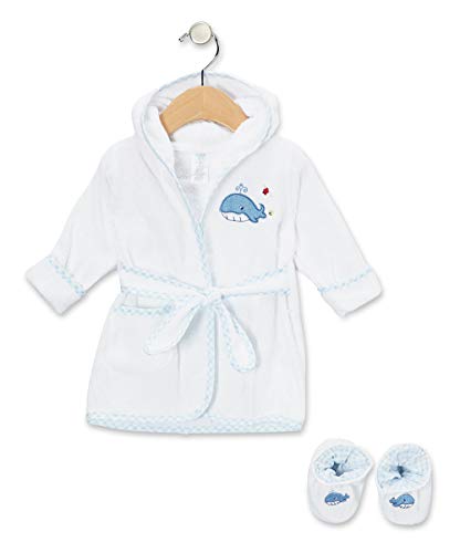 Product Cover Spasilk 100% Cotton Hooded Terry Bathrobe with Booties, Blue Whale, 0-9 Months