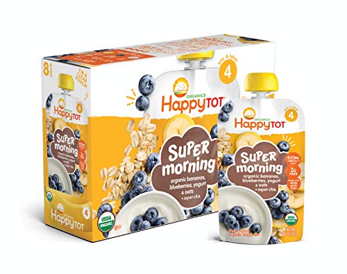 Product Cover Happy Tot Organic Stage 4 Super Morning Organic Bananas Blueberries Yogurt & Oats + Super Chia, 4 Ounce Pouch (Pack of 8) (Packaging May Vary)
