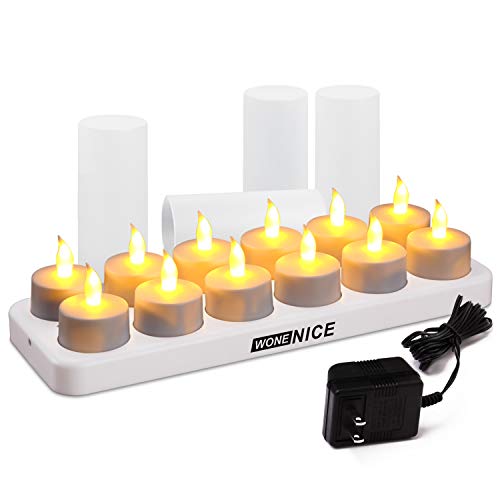 Product Cover WoneNice Rechargeable Tea Light Flickering Tealight Candles with Holders, Decorationa for Christmas, Parties, Events, Weddings- (No Batteries Necessary)- White Base (Set of 12)