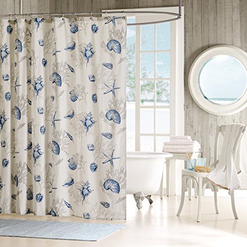 Product Cover Madison Park Bayside Shower Curtain Coastal Printed 100% Cotton Sateen Fabric Modern Casual Home Bathroom Decorations, 72x72, Blue