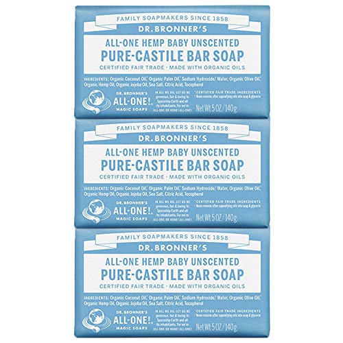 Product Cover Dr. Bronner's - Pure-Castile Bar Soap (Baby Unscented, 5 ounce, 3-pack) - Made with Organic Oils, For Face, Body, Hair, Gentle for Sensitive Skin, Babies, No Added Fragrance, Biodegradable, Vegan