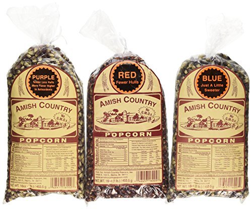 Product Cover Amish Country Popcorn 3 Bags 1 Pound each, Purple, Blue, Red