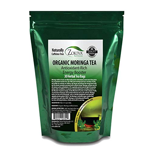 Product Cover Zokiva Nutritionals - Moringa Tea 30 Organic Tea Bags - A Natural Caffeine - Free Source for Vitamins, Minerals & Antioxidants - Great Vegan Energy Booster - In Resealable Zip Pouch