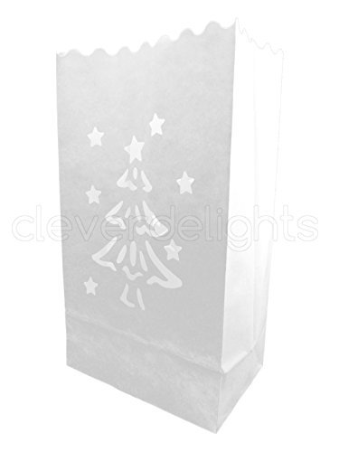 Product Cover CleverDelights White Luminary Bags - 30 Count - Christmas Tree Design - Flame Resistant Paper - Christmas Holiday Outdoor Decorations - Party and Event Decor - Luminaria Candle Bag - Thirty Bags