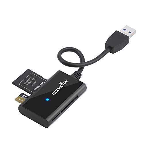 Product Cover USB 3.0 SD Card Reader, Rocketek 4 Slots Memory Card Reader with a 13CM Flexible USB Cord for SDXC/SDHC/UHS-I SD Cards, Micro SD Cards, MMC Memory Cards - Simultaneously Read 2 Different Memory Cards