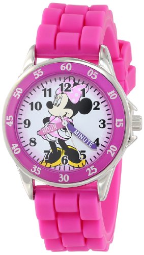 Product Cover Minnie Mouse Kids' Analog Watch with Silver-Tone Casing, Pink Bezel, Pink Strap - Official Minnie Mouse Character on The Dial, Time-Teacher Watch, Safe for Children - Model: MN1157