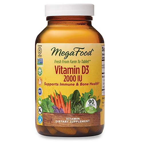 Product Cover MegaFood, Vitamin D3 2000 IU, Immune and Bone Health Support, Vitamin and Dietary Supplement, Gluten Free, Vegetarian, 90 Tablets (90 Servings) (FFP)