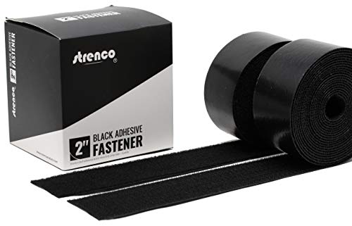 Product Cover Strenco 2 Inch Adhesive Black Hook and Loop Tape - 5 Yards - Heavy Duty Strips - Sticky Back Fastener