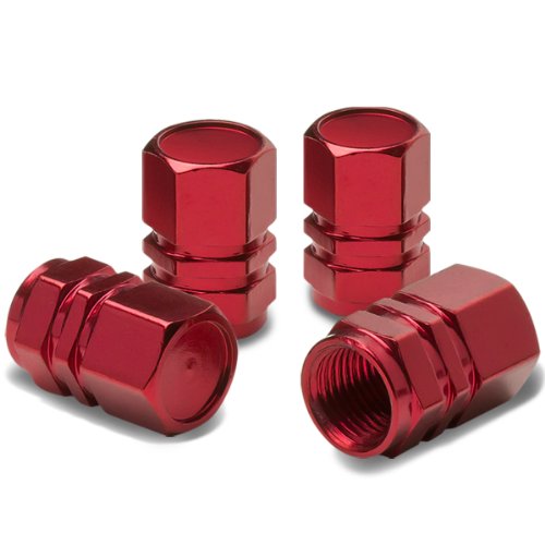 Product Cover Hexagon Style Polished Aluminum Red Chrome Tire Valve Stem Caps (Pack of 4)