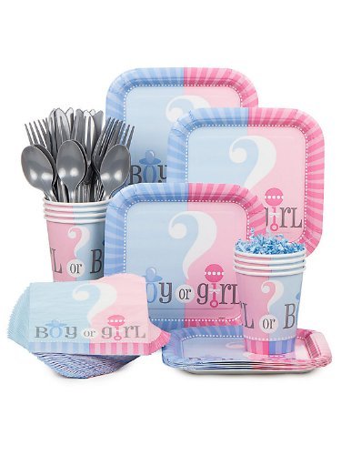 Product Cover Baby Gender Reveal Partyware Kit, Blue & Pink, Includes 20 Plates, 24 Napkins, 24 Cups, & 18 Piece Cutlery Set