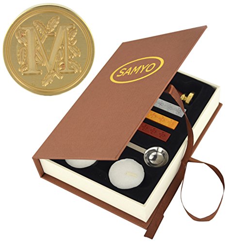 Product Cover Samyo Wax Seal Stamp Kit Retro Creative Sealing Wax Stamp Maker Gift Box Set Brass Color Head with Vintage Classic Alphabet Initial Letter (M)