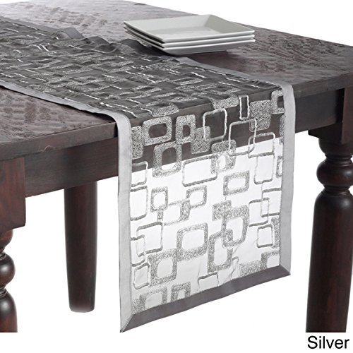 Product Cover Fennco Styles Mondrian Embroidered Geometric Design Rectangular Table Runner (Silver, 16