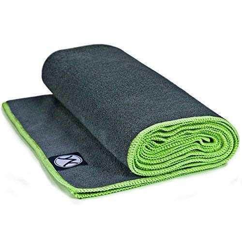 Product Cover Youphoria Hot Yoga Towel, Non Slip, Super Absorbent, Plush Microfiber Yoga Mat Towel for Hot Yoga, Bikram and Yoga Mat Grip, Washable, 24 inches x 72 inches, Gray Towel/Green Trim