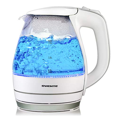 Product Cover Ovente Electric Glass Kettle 1.5 Liter Water Boiler & Tea Heater with Heat Tempered Borosilicate Glass, BPA-Free, 1100 Watts Fast Heating, Auto Shutoff and Boil Dry Protection, White (KG83W)
