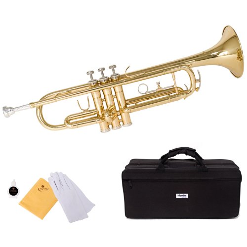 Product Cover Mendini by Cecilio Gold Trumpet Brass Standard Bb Trumpet, Student Beginner with Hard Case, Gloves, 7C Mouthpiece, and Valve Oil