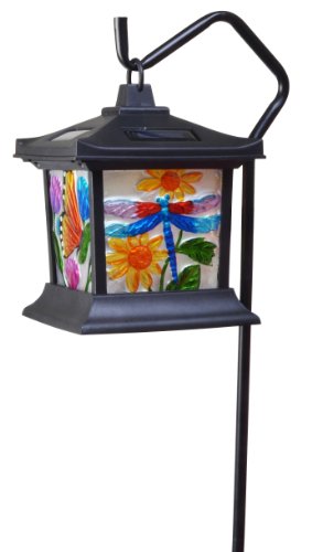 Product Cover Moonrays 92276 Solar Powered Hanging Floral Stained Glass LED Lantern, 24-Inch Above Ground Height On The Shepherd's Hook Made from Metal and Plastic, Rechargeable Battery Included
