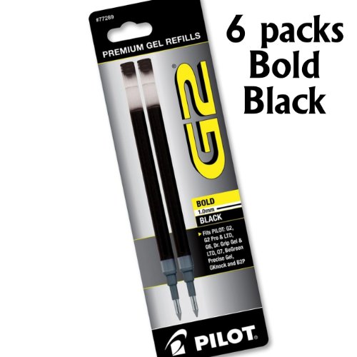 Product Cover Value Pack of 6, Pilot G2 Roller Ball Ink Refills, Bold, Black, 6 Packs = 12 Refills, (77289)