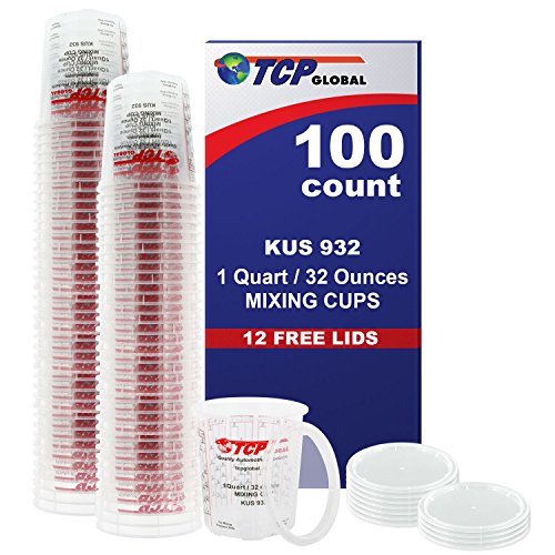 Product Cover (Full Case of 100 each - Quart (32oz) PAINT MIXING CUPS) by Custom Shop - Cups are Calibrated with Multiple Mixing Ratios (1-1) (2-1) (3-1) (4-1) (8-1) BOX of 100 Cups includes 12 bonus Lids