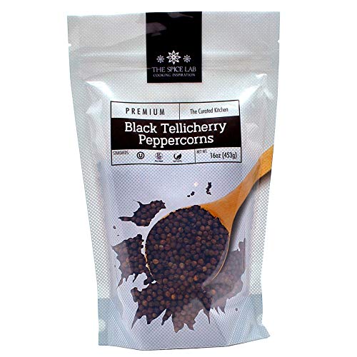 Product Cover The Spice Lab Peppercorns -Tellicherry Whole Black Peppercorns for Grinder Refill - 1 Pound Bag - Steam Sterilized Kosher Packed in the USA - All Natural Peppercorns - Pepper Grinder / Pepper Mill