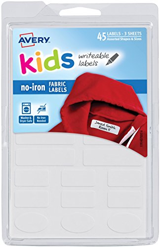Product Cover Avery No-Iron Kids Clothing Labels, Washer & Dryer Safe, Writable Fabric Labels, 45 Daycare Labels, 1 Pack (40700)