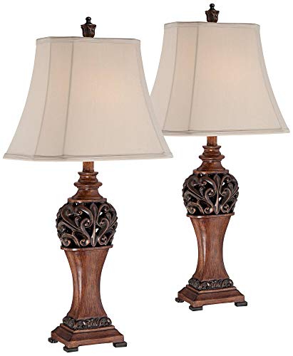 Product Cover Exeter Traditional Table Lamps Set of 2 Bronze Wood Carved Leaf Creme Rectangular Bell Shade for Living Room Family Bedroom - Regency Hill