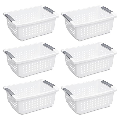 Product Cover Sterilite 16628006 Medium Stacking Basket, White Basket w/ Titanium Accents, 6-Pack