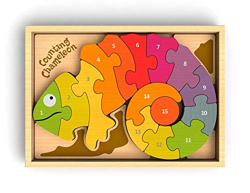 Product Cover BeginAgain Counting Chameleon Bilingual Puzzle - Bilingual Wooden Numbers Puzzle - 3 and Up