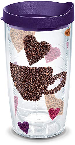 Product Cover Tervis 1136717 Coffee Lover Tumbler with Wrap and Royal Purple Lid 16oz, Clear