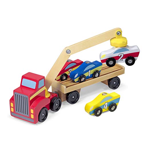 Product Cover Melissa & Doug Magnetic Car Loader Wooden Toy Set with 4 Cars and 1 Semi-Trailer Truck