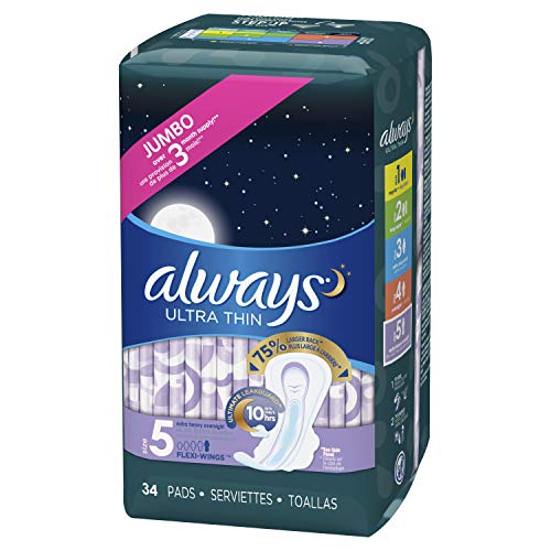 Product Cover Always Ultra Thin Size 5 Extra Heavy Overnight Pads With Wings Unscented, 34Count, (Pack Of 34)