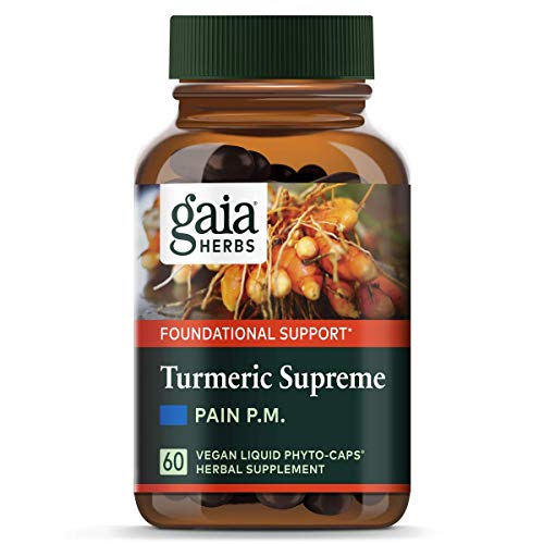 Product Cover Gaia Herbs Turmeric Supreme Pain P.M., Turmeric Curcumin Supplement, Promotes Relaxing Sleep & Healthy Pain Response, Kava & Valerian, Vegan Liquid Capsules, 60 Count