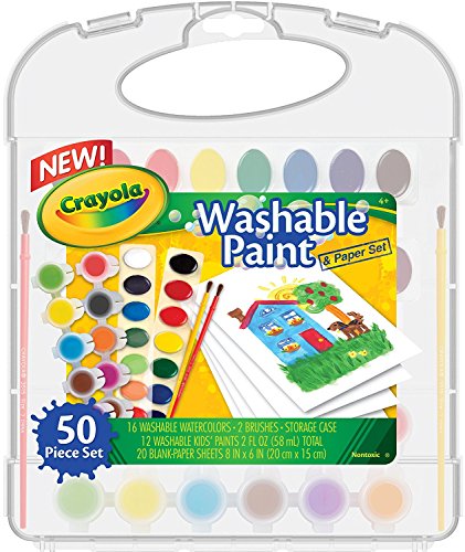 Product Cover Crayola Washable Paint & Paper Set, 50 Pieces Art Tools for Kids 4 & Up, Washable Watercolors, Washable Kids' Paint, Brushes & Paper Sheets In Convenient Travel Case, Perfect for The On-The-Go Artist