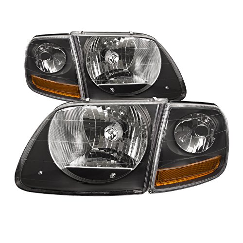Product Cover HEADLIGHTSDEPOT Black Housing Halogen Headlights Compatible with Ford Expedition F-150 Lightning SVT Harley Includes Left Driver and Right Passenger Side Headlamps
