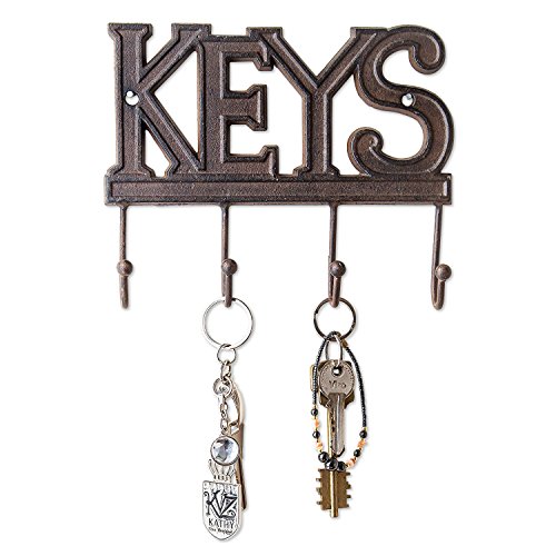Product Cover Comfify Key Holder - Keys - Wall Mounted Key Hook - Rustic Western Cast Iron Key Hanger - Decorative Key Organizer Rack with 4 Hooks - with Screws and Anchors - 6x8 inches (Rust Brown)