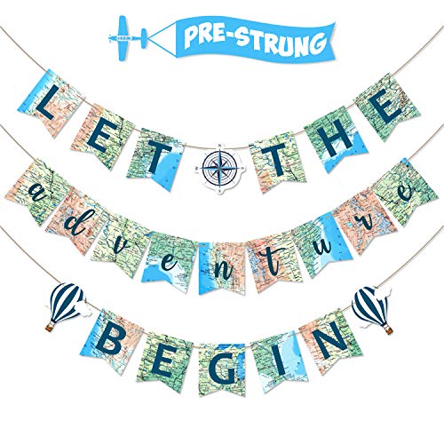 Product Cover Let the Adventure Begin Banner Adventure Awaits Bon Voyage Map Banner for Travel Themed Birthday Baby Shower Graduation Retirement Job Career Change Farewell Party Decorations Supplies Pre Strung & Ready to Hang