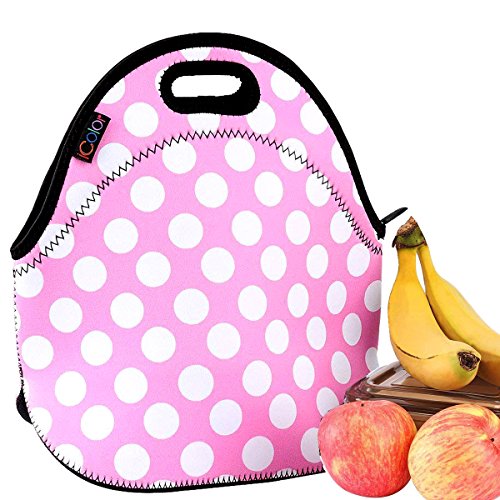 Product Cover iColor Pink Polka Dots Insulated Lunch Tote Bag Cooler Box Neoprene lunchbox baby bag Handbag Case YLB-001