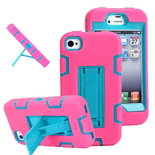 Product Cover iPhone 4s case, iPhone 4 case, MagicSky Robot Series Hybrid Armored Case with Kickstand for iPhone 4/4S - 1 Pack - Retail Packaging - Blue/Hot Pink