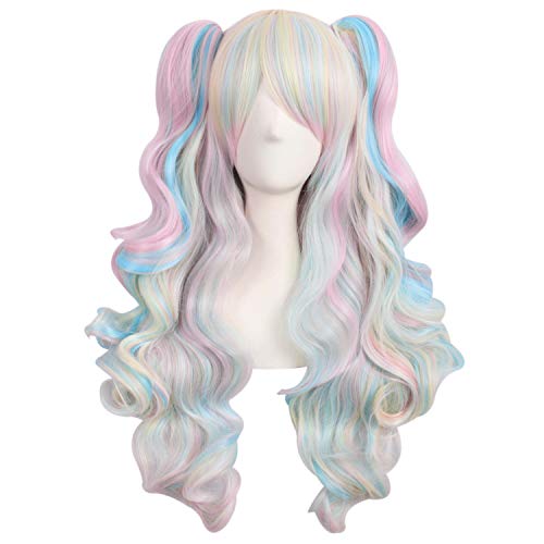 Product Cover MapofBeauty Multi-color Lolita Long Curly Clip on Ponytails Cosplay Wig (Pink/Blue/Blonde)