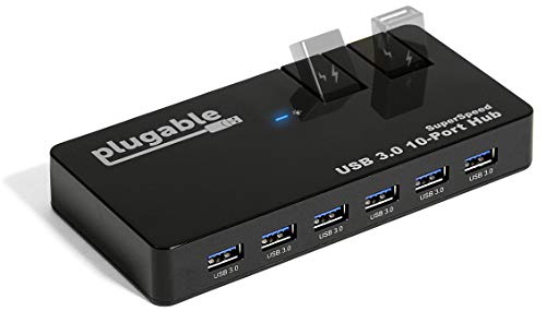 Product Cover Plugable USB Hub, 10 Port - USB 3.0 5Gbps with 48W Power Adapter and Two Flip-Up Ports