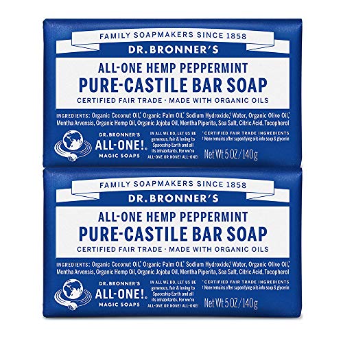 Product Cover Dr. Bronner's - Pure-Castile Bar Soap (Peppermint, 5 ounce, 2-Pack) - Made with Organic Oils, For Face, Body and Hair, Gentle and Moisturizing, Biodegradable, Vegan, Cruelty-free, Non-GMO