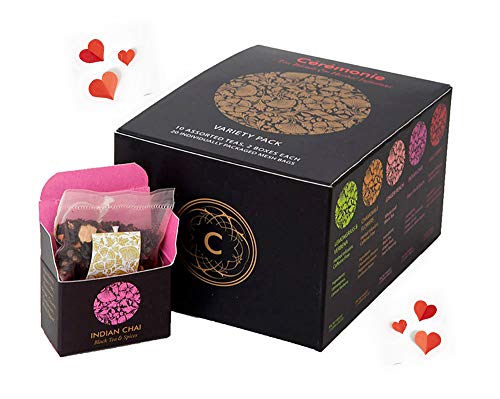 Product Cover Variety Pack Gourmet Tea Sampler, by Ceremonie Tea | Collection of 10 Different Assorted Single Serve Flavors | Set of 2 ea. Petite Mini Cube Tea Bags | 20 total Cubes with Silk Pouches | Valentine