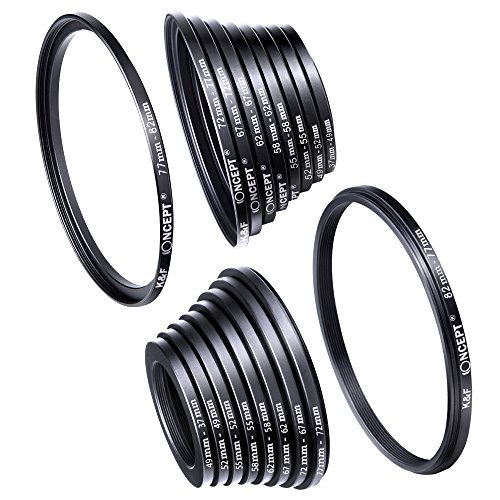 Product Cover Filter Ring Adapter, K&F Concept 18pcs Camera Lens Filter Metal Stepping Rings kit (Includes 9pcs Step Up Ring Set + 9pcs Step Down Ring Set) Black