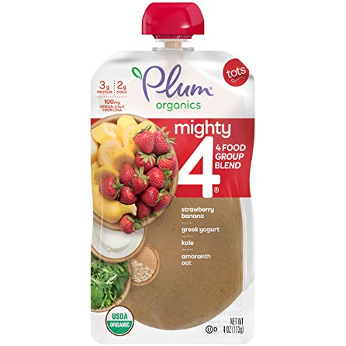 Product Cover Plum Organics Mighty 4, Organic Toddler Food, Strawberry, Banana, Greek Yogurt, Kale, Amaranth and Oat, 4 Ounce (Pack of 12)