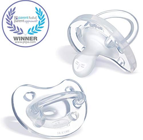 Product Cover Chicco PhysioForma 100% Soft Silicone One Piece Pacifier for Babies 0-6 Months, Clear, Orthodontic Nipple, BPA-Free, 2-Count in Sterilizing Case