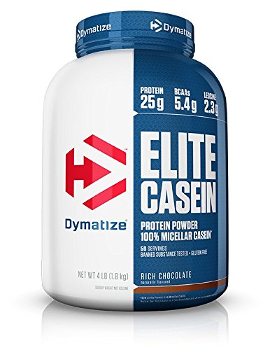 Product Cover Dymatize Elite Casein Protein Powder, Slow Absorbing with Muscle Building Amino Acids, 100% Micellar Casein, 25g Protein, 5.4g BCAAs & 2.3g Leucine, Helps Overnight Recovery, Rich Chocolate, 4 Pound