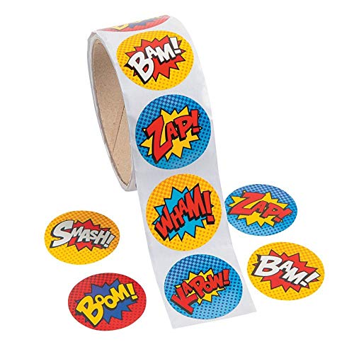 Product Cover Fun Express Superhero Roll Stickers (100 Stickers) Stationery, Party Favors, Decorations, Arts & Crafts Supplies