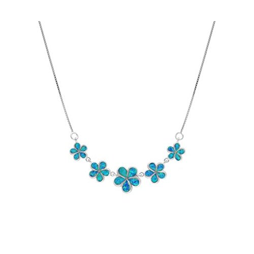 Product Cover Honolulu Jewelry Company Sterling Silver Five Plumeria Flower Necklace with Simulated Blue Opal