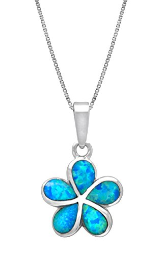 Product Cover Honolulu Jewelry Company Sterling Silver Plumeria Flower Necklace Pendant with Simulated Blue Opal